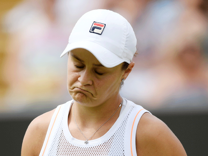 World No 1, Australia's Ashleigh Barty reacts during her fourth round match against USA's Alison Riske at Wimbledon on Monday