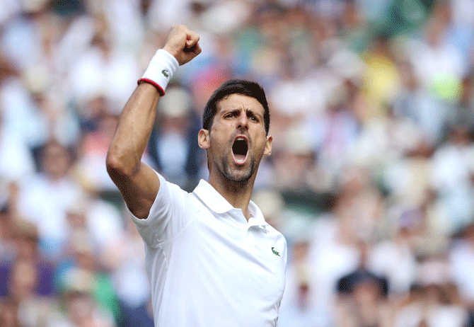 Serbia's Novak Djokovic celebrates in his Wimbledon semi-final against Spain's Roberto Bautista Agut