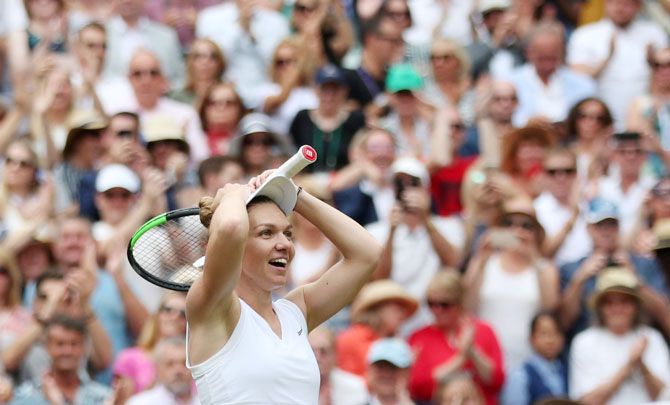 Romania's Simona Halep celebrates winning the Wimbledon final against USA Serena Williams at the All England Lawn Tennis and Croquet Club, London, on Saturday