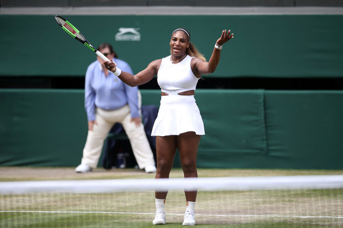 Serena Williams reacts on missing a point during the final against Simona Halep