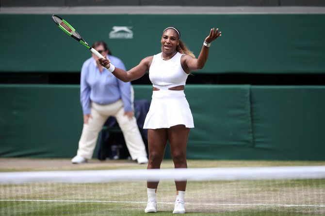 Serena Williams reacts on missing a point during the final against Simona Halep