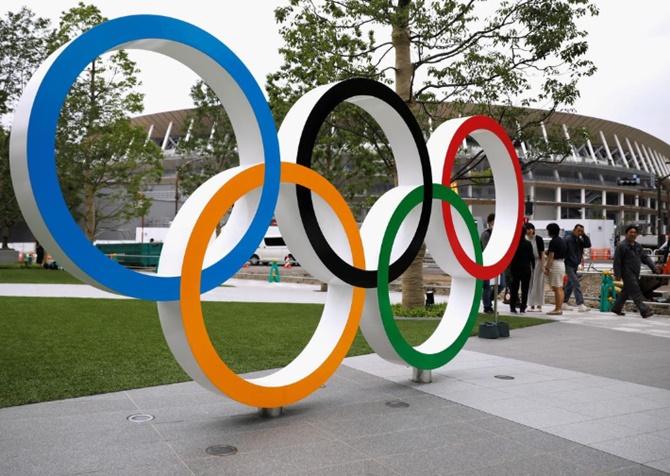 Olympic rings displayed in front of the New National Stadium, the main venue of Tokyo 2020 Olympics and Paralympics. 