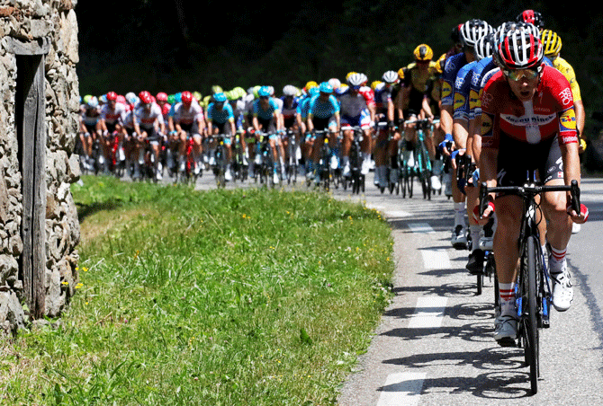 Deceuninck-Quick Step rider Michael Morkov of Denmark leads the peloton on the lovely 185-km Stage 15 from Limoux to Foix Prat d'Albis on July 21