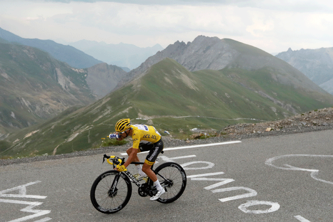 Deceuninck-Quick Step rider Julian Alaphilippe of France, wearing the overall leader's yellow jersey, at the 208-km Stage 18 from Embrun to Valloire during the Tour de France on Thursday