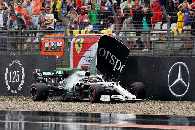 Great Britain'S Lewis Hamilton driving the (44) Mercedes AMG Petronas F1 Team Mercedes W10 crashes during the German F1 Grand Prix at Hockenheimring in Hockenheim, Germany, on Sunday