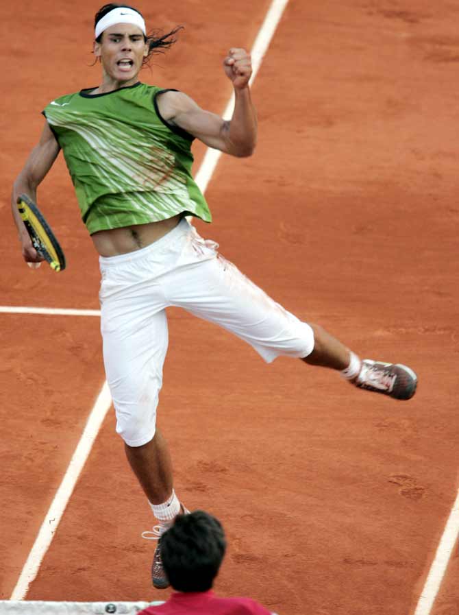  Rafael Nadal celebrates winning a point during his semi-final match against Roger Federer at the 2005 French Open