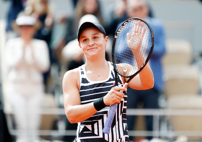  Australia's Ashleigh Barty celebrates after winning the French Open final against Czech Republic's Marketa Vondrousova on Saturday