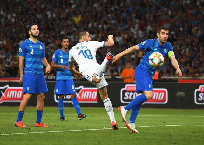 Italy's Leonardo Bonucci scores during the UEFA Euro 2020 Qualifier against Greece in Athens on Saturday