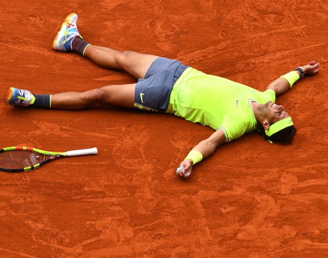 Rafael Nadal celebrates match point during the French Open final on Sunday