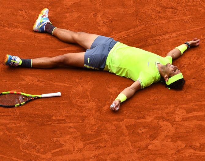 Rafael Nadal celebrates match point during the French Open final on Sunday