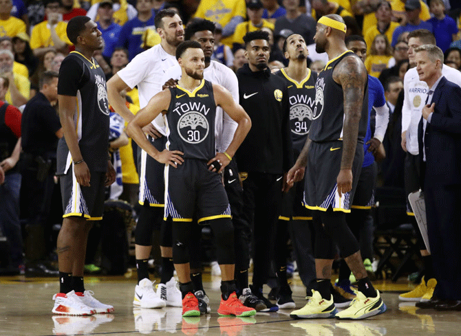 Golden State Warriors' Stephen Curry reacts after the NBA Finals loss to Toronto Raptors on Thursday
