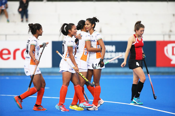 India players celebrate a goal against Poland on Sunday