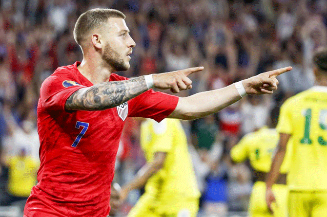 United States forward Paul Arriola (7) celebrates his goal against Guyana in the first half of their group match in the CONCACAF Gold Cup soccer tournament at Allianz Field in Saint Paul, Minnesotta, USA on Wednesday