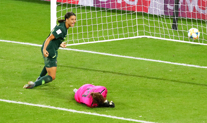 Australia's Sam Kerr celebrates scoring their fourth goal against Jamaica