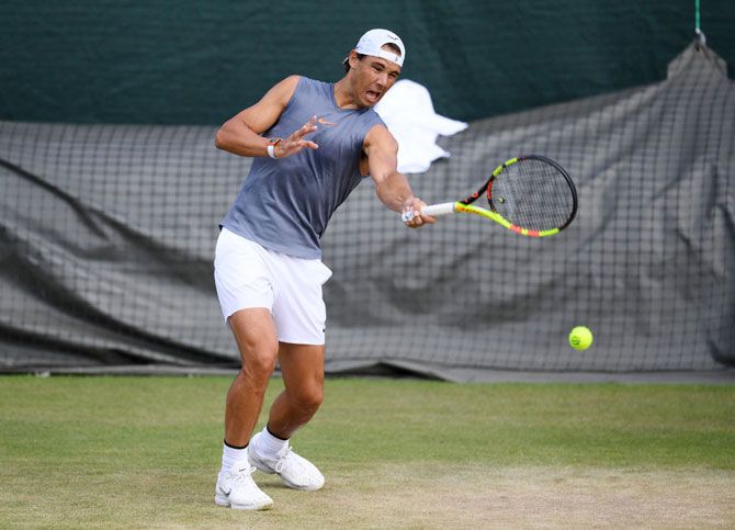 Spain's Rafael Nadal during a practice session ahead of The Wimbledon Championships at the All England Lawn Tennis and Croquet Club in London on Sunday