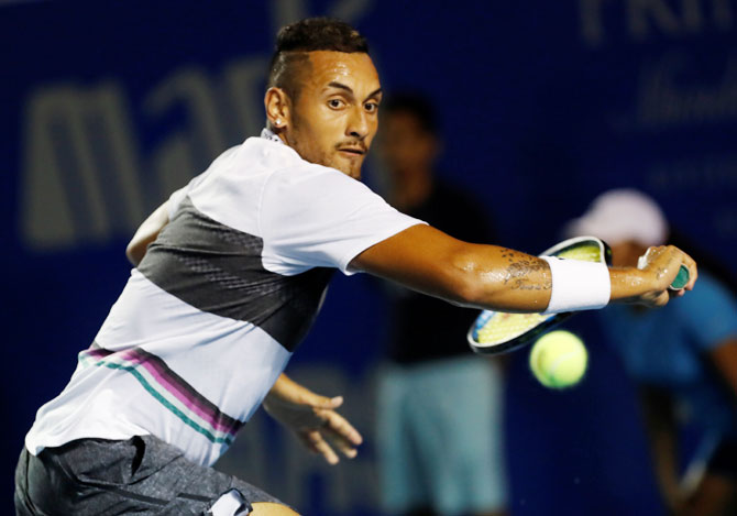 Australia’s Nick Kyrgios in action during his match against Switzerland's Stan Wawrinka at the Acapulco Open, in Acapulco, Mexico, on Thursday