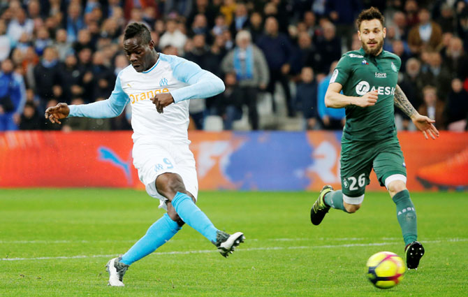 Marseille's Mario Balotelli scores against AS Saint-Etienne during their Ligue 1 match at Orange Velodrome, in Marseille, France, on Sunday