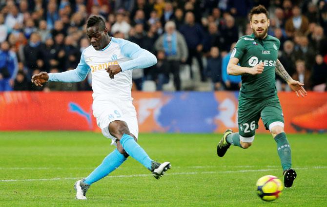 Marseille's Mario Balotelli scores against AS Saint-Etienne during their Ligue 1 match at Orange Velodrome, in Marseille, France, on Sunday