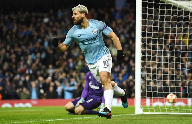 Manchester City's Sergio Aguero celebrates after scoring the second goal against FC Schalke 04