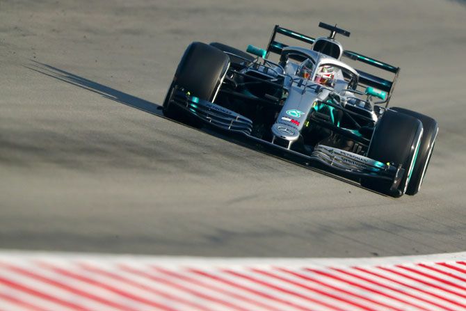 Mercedes' British driver Lewis Hamilton during testing at Circuit de Catalunya in Spain on February 28