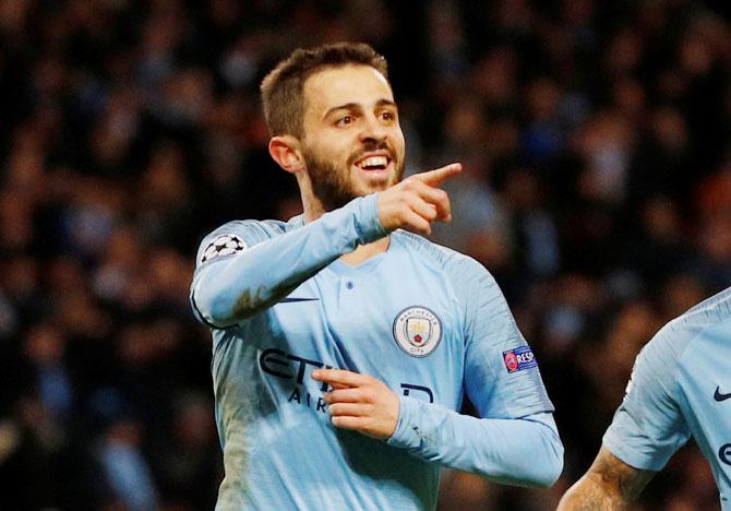 Manchester City's Bernardo Silva celebrates scoring their fifth goal against Schalke 04 