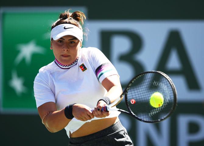 Canada's Bianca Andreescu plays a backhand during her quarter-final win over Spain's Garbine Muguruza