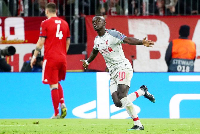 Liverpool's Sadio Mane celebrates scoring their first goal against Bayern Munich in Liverpool at Allianz Arena in Munich, Germany, on Wednesday 
