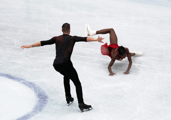 France's Vanessa James slips during the Pairs Short Program at the ISU World Figure Skating Championships - Saitama Super Arena, Saitama, Japan on Wednesday, March 20