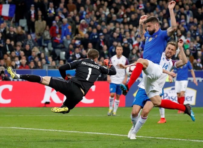 France's Olivier Giroud scores their second goal against Ireland in their second Euro 2020 qualifier in Paris on Monday, March 25