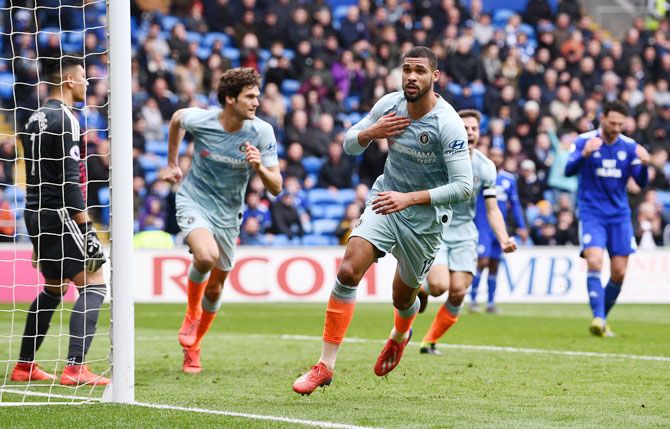 Chelsea's Ruben Loftus-Cheek celebrates after he scores his side's second goal against Cardiff City at Cardiff City Stadium in Cardiff