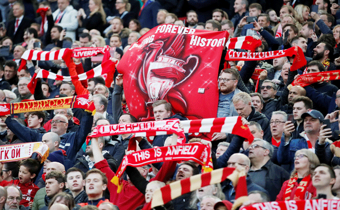 Liverpool fans in the stands during the match against Barca at Anfield on Tuesday