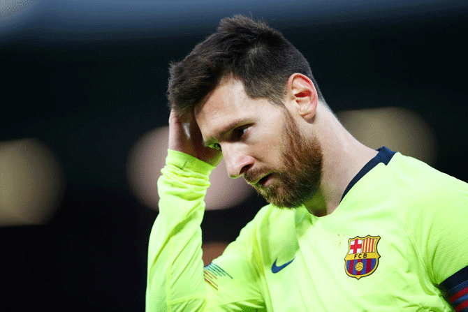 Barcelona captain Lionel Messi wears a sullen look during the semi-final second leg match against Liverpool at Anfield on Tuesday