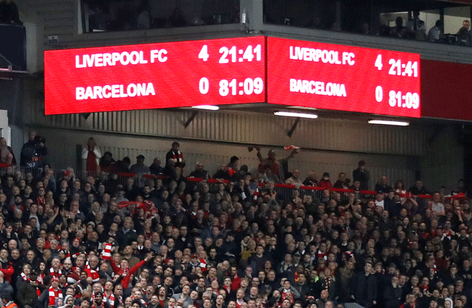General view of the scoreboard during the match at Anfield 