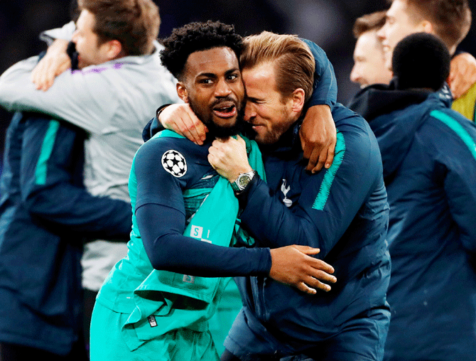 Tottenham's Danny Rose and Harry Kane celebrate after their come-from-behind win over Ajax Amsterdam at the Johan Cruijff Arena, Amsterdam, on Wednesday