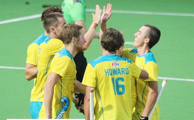 Australia players celebrate a goal against India in the 4th match on the Tour Down Under