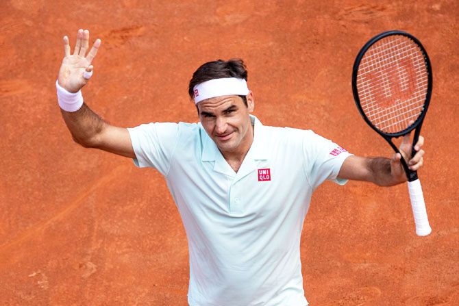 Switzerland's Roger Federer celebrates winning his second round match against Portugal's Joao Sousa during Day Five of the International BNL d'Italia at Foro Italico in Rome on Thursday