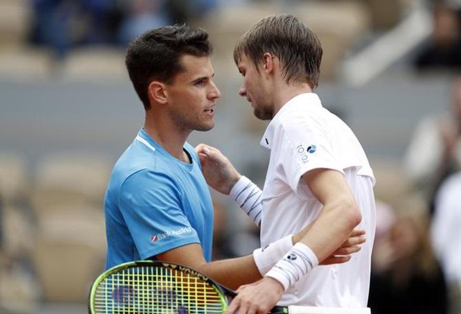 Austria's Dominic Thiem, left, and Kazakhstan's Alexander Bublik