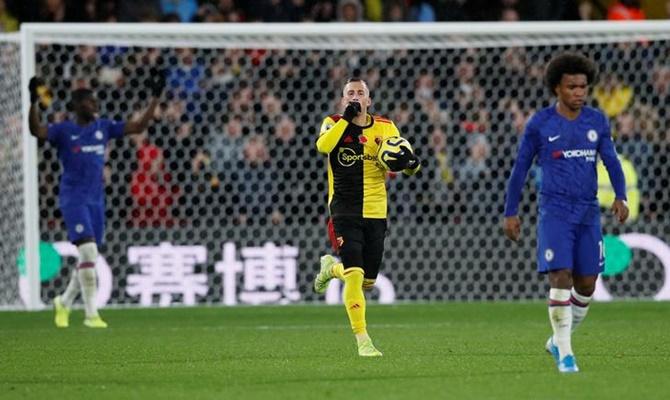 Gerard Deulofeu celebrates scoring for Watford from the penalty spot against Chelsea. 