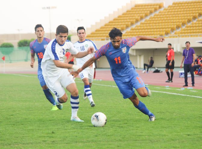 Action from the Under-19 match between India and Uzbekistan played in Al Khobar, Saudi Arabia, on Wednesday