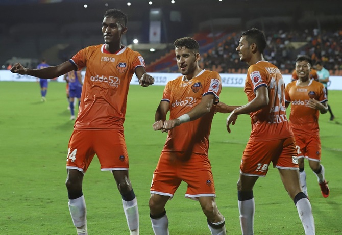 : Goa’s players celebrate after their fourth goal against Mumbai FC 