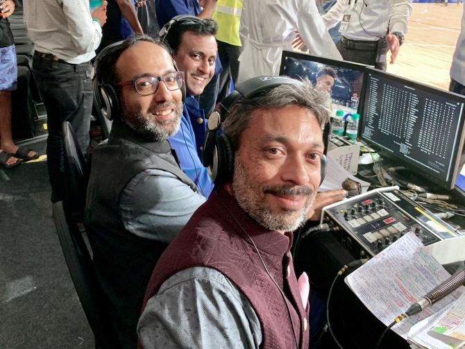 Raman Bhanot, Akshay Manwani, centre, and Munish Jolly were part of the Hindi commentary team for the NBA India game, the pre-season game between the Sacramento Kings and the Indiana Pacers on October 5. 'To sit courtside and call an NBA game live was a special experience for each one of us.' Photograph: NBA India