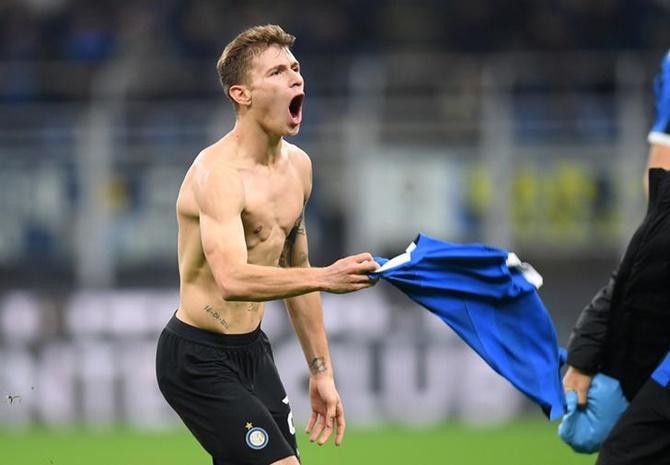 Nicolo Barella celebrates scoring Inter Milan's second goal.