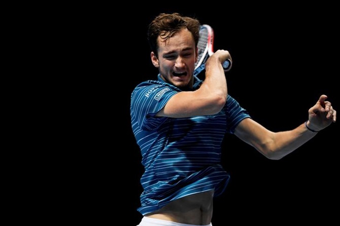 Russia's Daniil Medvedev in action during his group stage match against Spain's Rafael Nadal.