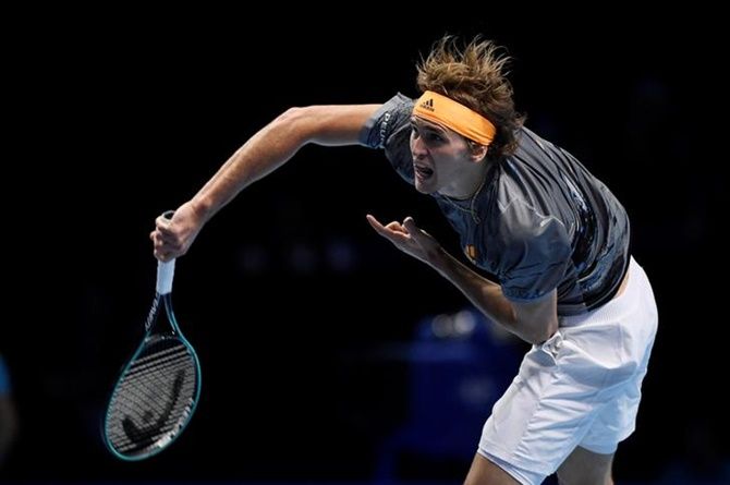 Germany's Alexander Zverev in action during his group stage match against Greece's Stefanos Tsitsipas.