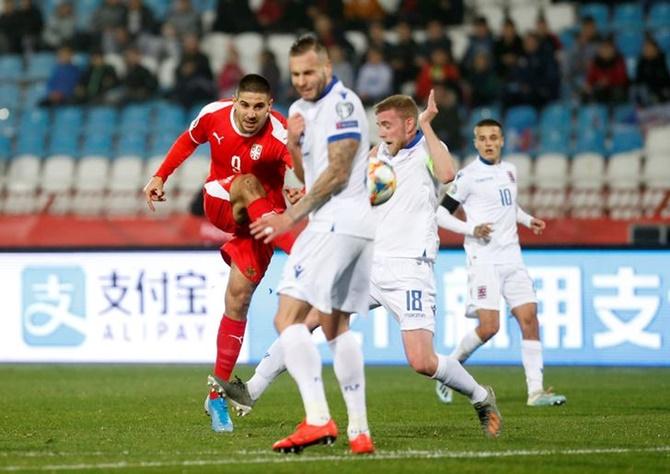 Aleksandar Mitrovic scores Serbia's second goal Luxembourg.