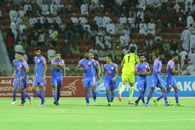 India’s players react after conceding a goal during Tuesday’s World Cup qualifier against Oman, in Muscat.