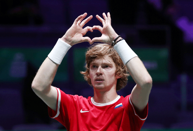 Russia's Andrey Rublev celebrates after winning his group stage match against Croatia's Borna Gojo