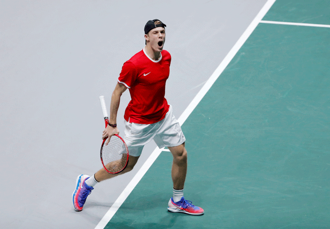 Canada's Denis Shapovalov reacts during his group stage match against Italy's Matteo Berrettini 