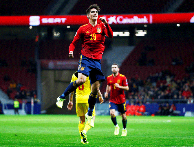 Spain's Gerard Moreno celebrates scoring their second goal against Romania in their Euro 2020 Qualifier Group F match at the Wanda Metropolitano in Madrid on Monday