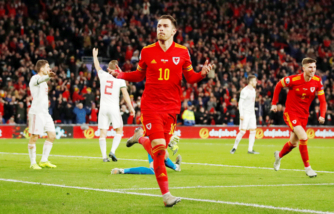 Wales' Aaron Ramsey celebrates scoring their second goal against Hungary during their Euro Qualifier Group E match at Cardiff City Stadium, Cardiff, Wales on Tuesday 